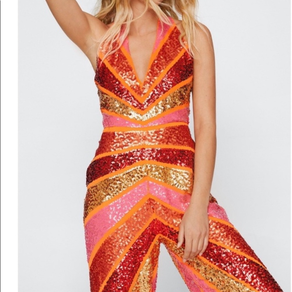 Nastygal sequin color block plunge wide leg jumpsuit